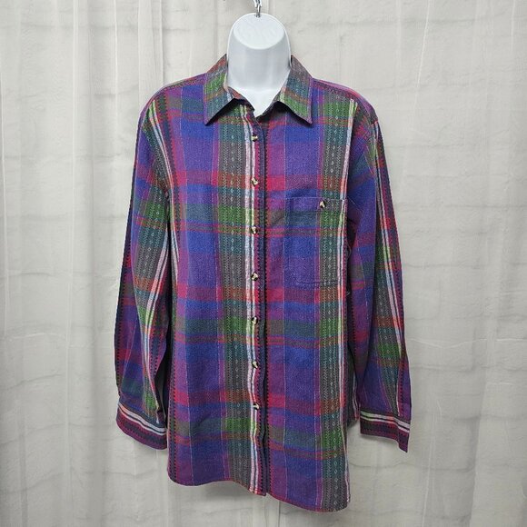 Vintage Cabin Creek Button Down Blouse Purple Green Plaid Preppy Boho 18W - Picture 1 of 12